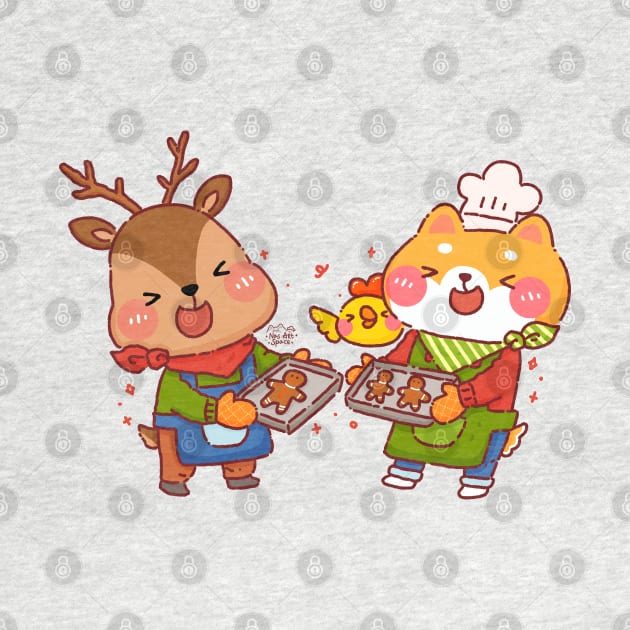 Shiba Inu and Reindeer Baking Gingerbread by Nas.ArtSpace